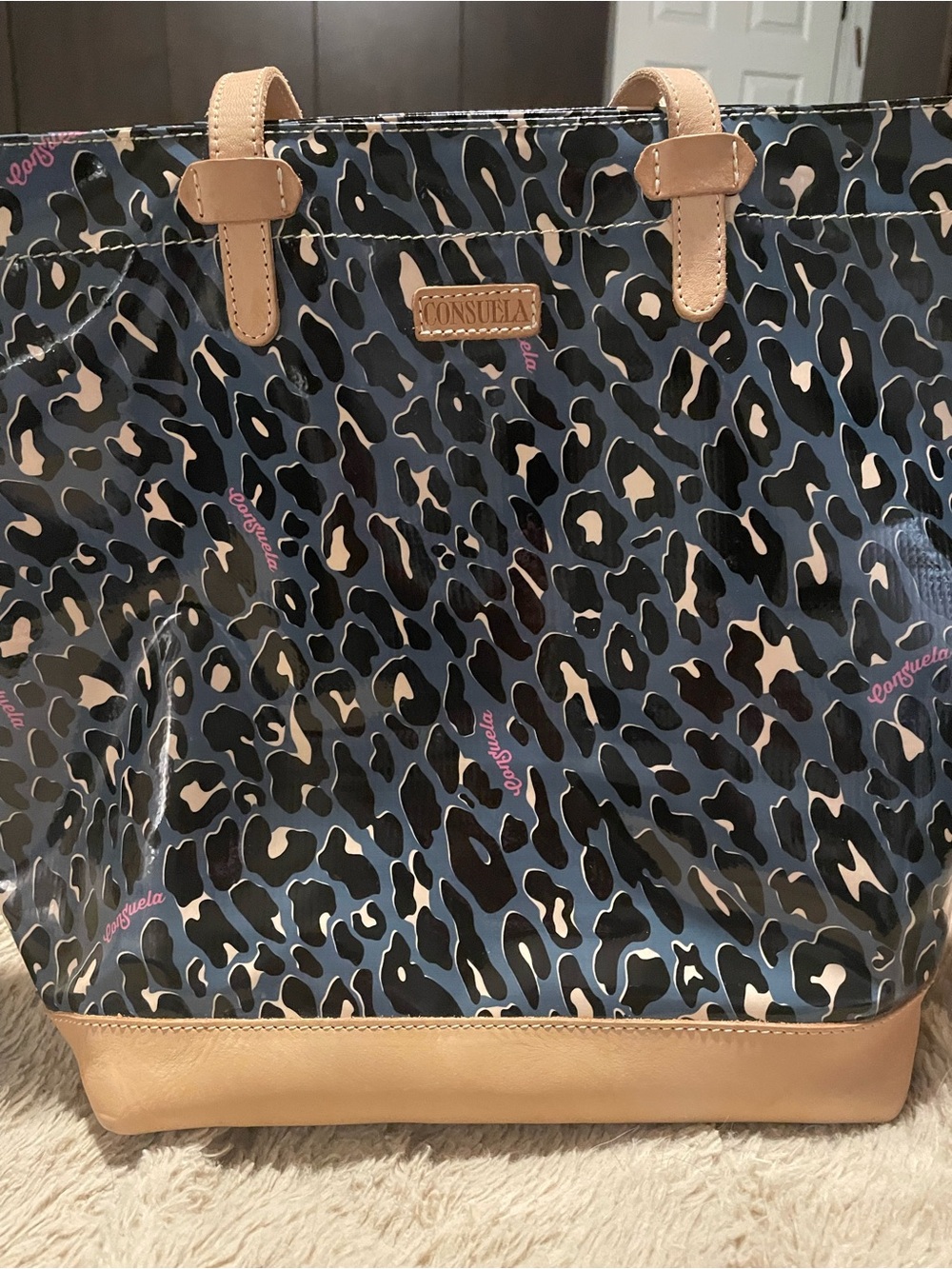 Consuela Navy Leopard Print Tote with Tan Leather Trim